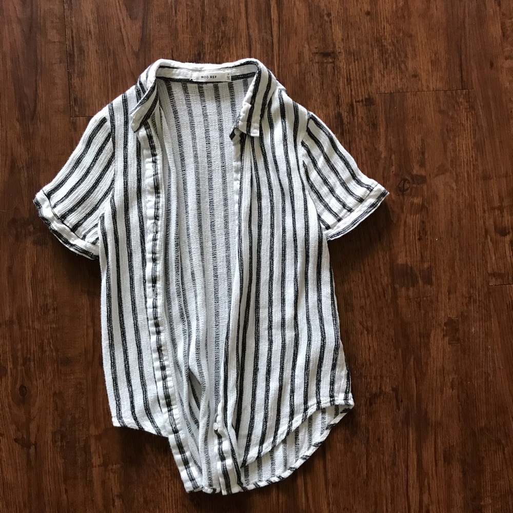 black and white striped button up